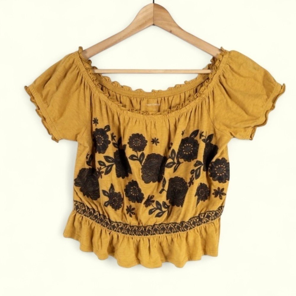 American Eagle Crop Top Yellow Embroidered Off Shoulder Cottagecore Boho Size XS